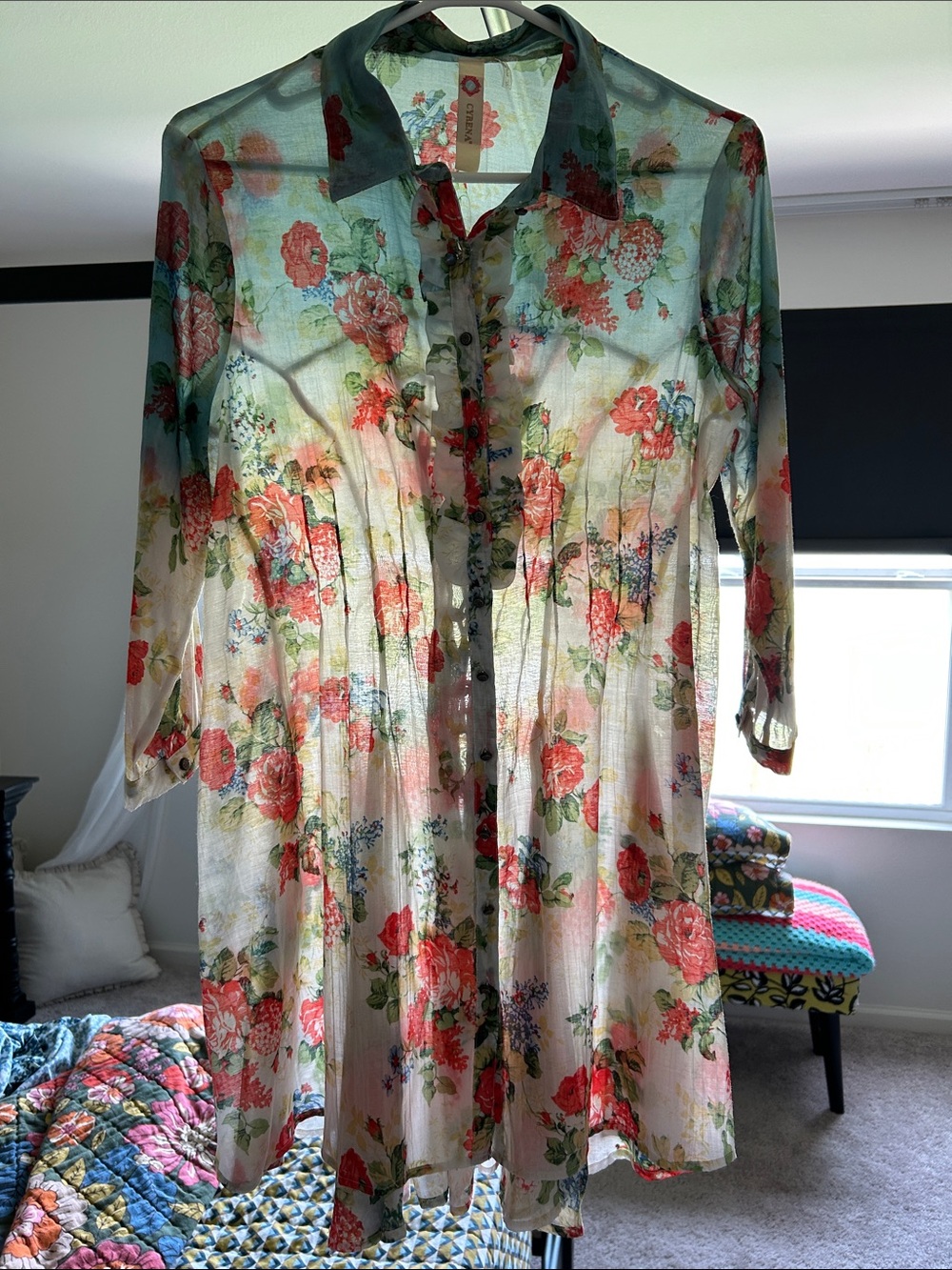 Anthropologie Red Floral Ruffle Button-Front Blouse on Light Blue